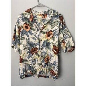 Mens Hawaiian Shirt L Joseph & Feiss Short Sleeve Floral & Leaf print Tan Green